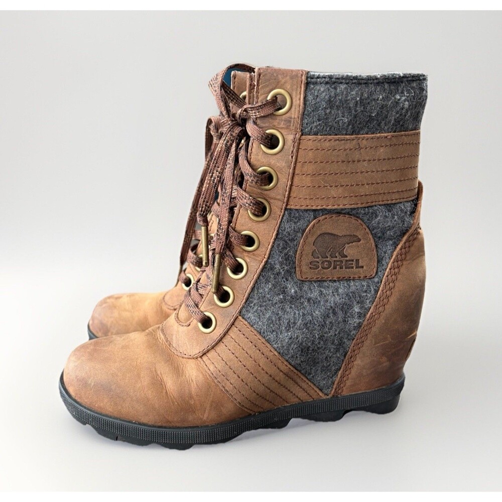 Sorel Lexie Wedge Boots Women’s Sz 6 Brown Leather Lace Up